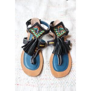 Meher Kakalia Sofia Leather Tassel Embellished Beaded Thong Sandals 37